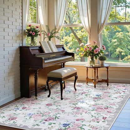 Lahome Purple Floral 5x7 Area Rugs, Boho Rugs for Bedroom Girls,Vintage Living Room Rug Non Slip Low Pile Ultra-Thin Large Carpet for Farmhouse,Dining Room,Kids Playroom,Nursery(5'X7',Purple/Grey)