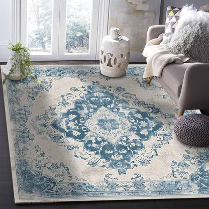 Blue Bohemian Rectangular Area Rugs for Living Room Bedroom 5 x 8 ft Vintage Farmhouse Floral Pattern Non-Shedding Soft Low Pile Rug Non Slip Washable Rug for Nursery Entryway Playroom