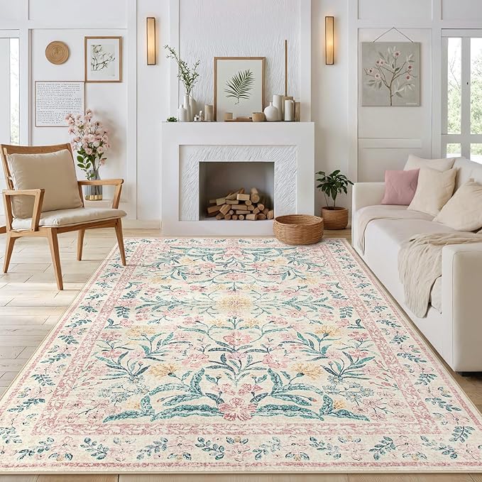Morebes 6x9 Area Rugs for Living Room Non Slip, Washable Light Pink Rugs for Bedroom Girls Floral Print, Soft Low-Pile Boho Indoor Carpet for Nursery Kids Room Home Decor, Pink/Green