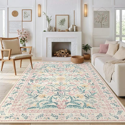 Morebes 6x9 Area Rugs for Living Room Non Slip, Washable Light Pink Rugs for Bedroom Girls Floral Print, Soft Low-Pile Boho Indoor Carpet for Nursery Kids Room Home Decor, Pink/Green