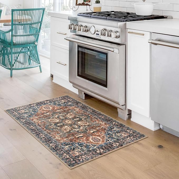 KOZYFLY Small Area Rug 2x3 Ft Rugs for Entryway Washable Boho Entry Rug Non Slip Door Mat Indoor Entrance Faux Wool Vintage Printed Kitchen Rug Throw Rugs for Entrance Kitchen, Red/Navy Blue/Brown
