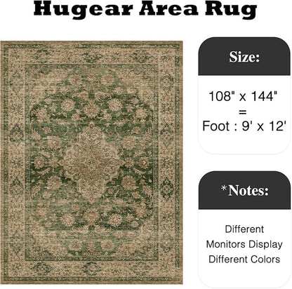 HUGEAR Retro Green Area Rug 9x12 Machine Washable Living Room Rugs Distressed Vintage Floral Low Pile Carpet Bedroom Office Dining Room Laundry Room Non Slip Soft Lightweight