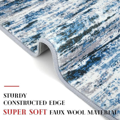 Modern Abstract Runner Rug 2x12, Grey Blue White Washable Long Kitchen Runner Non-Slip Soft Hallway Rug Runner Thin Print Faux Wool Carpet for Entryway Bedroom Laundry Room Indoor Home Decor