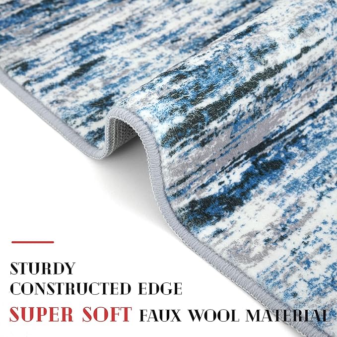 Modern Abstract 8x10 Large Machine Washable Living Room Rug Non-Slip Soft Bedroom Area Rug Grey Blue White Thin Print Faux Wool Carpet Throw Rugs for Nursery Playroom Dining Room Indoor
