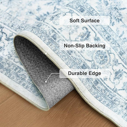 FMFUNCTEX 2x6 Runner Rug Blue Vintage Neutral Washable Distressed Non Slip Low Pile Indoor Carpet Soft Retro Floral Hallway Entryway Rug for Kitchen Living Room Bedroom Bathroom Laundry Entry Bedside
