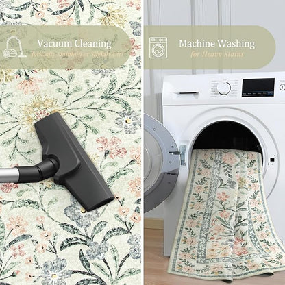 Morebes Washable Area Rugs 6x9, Boho Nursery Rug Girl Bedroom Non-Slip, Large Soft Vintage Distressed Floral Carpet for Living Room Foyer Home Office Decor, Cream