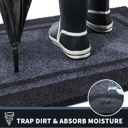 PURRUGS Dirt Trapping Door Mat 24" x 60", Non-Slip/Skid Machine Washable Entryway Rug, Shoes Scraper, Area Rug, Super Absorbent Welcome Mat for Muddy Wet Shoes and Paws, Bluish Grey & Charcoal