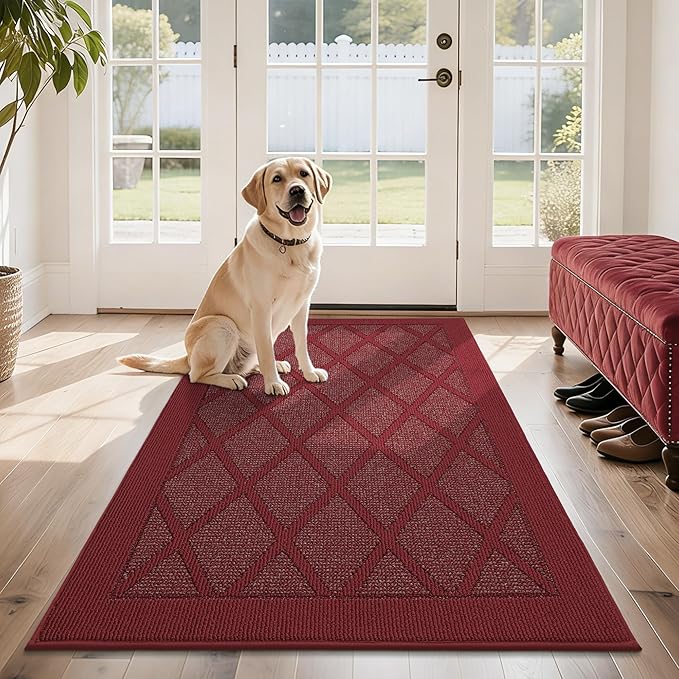 COSY HOMEER Non-Slip Door Mat 36"x60", Entryway Rugs Low Profile Absorbent Dirt Trapper Doormat for Front Entrance, Washable Polypropylene Entry Mat (Red)