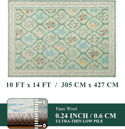 YIHOUSE Green Floral Print Rugs, Moroccan Trellis 10x14 Washable Large Rug, Modern Pastel Non Slip Ultra-Thin Area Rug for Classroom, Nursery Playroom,Dorm,Bedroom,Living Room, Green Multi