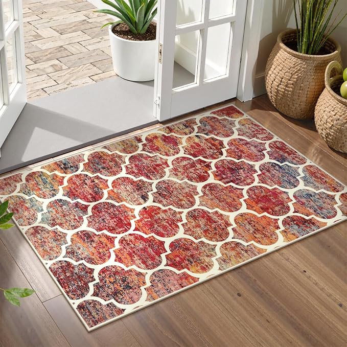Lahome Moroccan Kitchen Rugs -2x3 Washable Rug Small Indoor Door Mat Throw Rug Non-Slip Indoor Door Mats for Entryway,Christmas Red Colorful Rugs for Bedroom（2x3, California Sunset