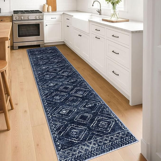 KILOCOCO Hallway Runner Rug 2x8 Runners for Hallways Washable Runner Rug Non Slip Rubber Backed Low-Pile Runners for Bedroom Kitchen Living Room Laundry Room Boho Rugs, Dark Blue