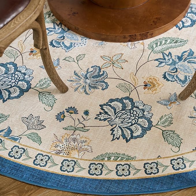 jinchan Elora 4ft Floral Round Rug for Entryway Washable Kitchen Rug Vintage Romance Design Non Slip Indoor Doormat Lightweight Low-Profile Throw Carpet for Living Room Dining Room Bedroom, Blue/Beige