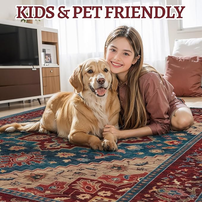 Tangsoo 3x5 Washable Rug, Oriental Indoor Area Rugs, Vintage Non Slip Accent Rug, Print Distressed Boho Red Carpet, Soft Low Pile Rugs for Living Room Dorm Bedroom Bedside Entryway Bathroom