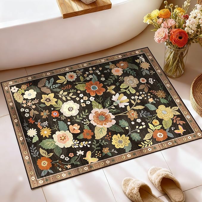 Floral 2x3 Area Rug Machine Washable Soft Print Boho Carpet Non Slip Doormat Low Pile Flower Area Rugs for Living Room Bedroom Nursery Kitchen Dining Room Indoor-Black/Yellow/Red