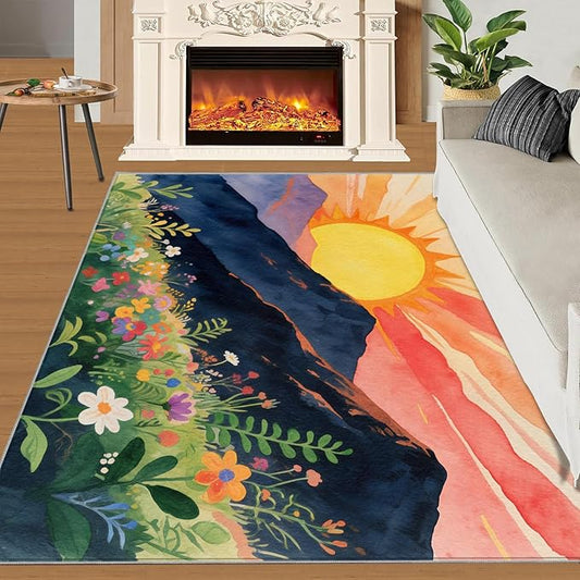 Boho Sun Area Rugs 3x5ft, Minimalist Line Boys Rugs for Bedroom, Geometric Solar Kids Room Rug Soft Fuzzy Washable for Living Room Game Room Coffee Table