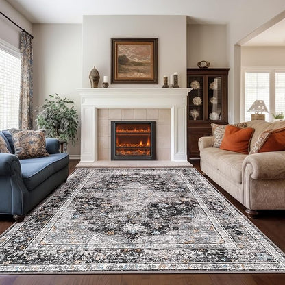 Rugs for Living Room, 8x10 Large Area Rugs Ultra Soft Washable, Vintage Boho Faux Wool Carpet for Dining Room, Bedroom, Office, Home Decor (Dark Grey)