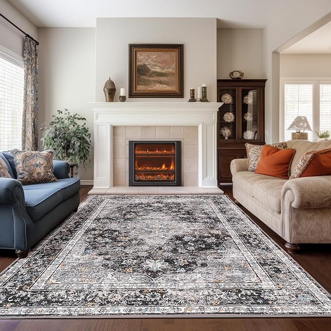 Area Rug - 9x12 Large Dining Room Rug Soft Living Room Mat, Vintage Washable Indoor Floor Throw Carpet for Bedroom, Playroom, Home Office (Dark Grey)