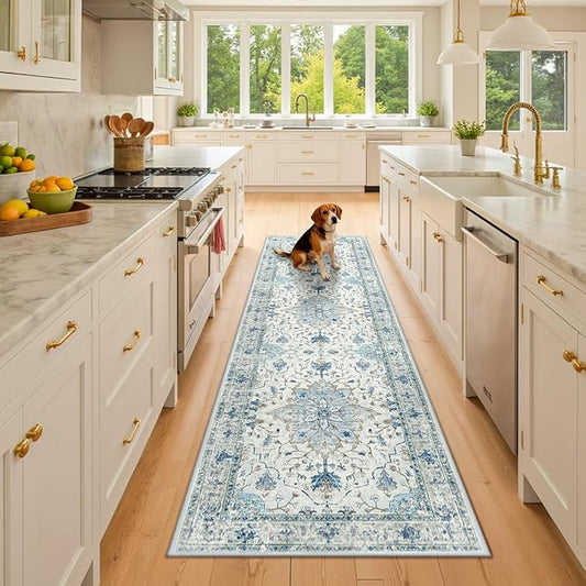 Area Rugs 3'x10' Washable Non-Slip, Floral Vintage Distress Print Pattern Medallion Carpet for Living Room Bedroom Dining Room, Light Blue Navy Beige Gray White
