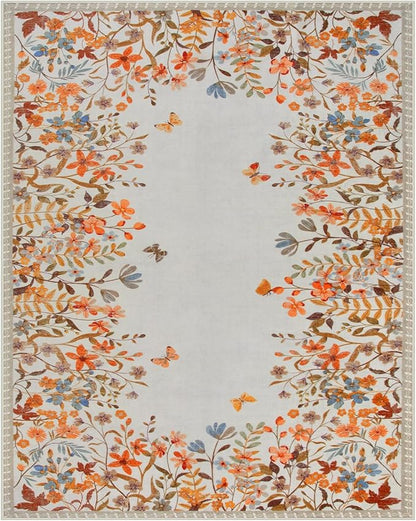Wonnitar Fall Washable 8x10 Rug for Living Room, Soft Halloween Rug Floral Area Rug for Bedroom, Non Slip Dining Room Botanical Floor Carpet for Kids Nursery Playroom Guest Room (Orange,8'x10')