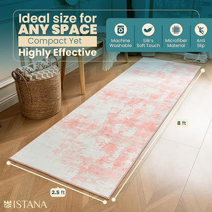 Istana Hallway Runner Rug 2.5x8 - Pink Kitchen Rugs Non Slip Washable -Silk's Soft Touch Carpet Runner - Stylish Rugs for Home