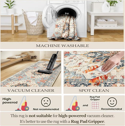 Area Rugs Square 6ft Washable Non-Slip, Floral Vintage Distress Print Pattern Medallion Carpet for Living Room Bedroom Dining Room, Beige Navy Blue Orange Colorful