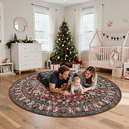 U'Artlines Boho Vintage Round Area Rug 6ft Machine Washable Low Pile Soft Floor Carpet Non Slip Non Shedding Accent Rug for Living Room Bedroom Entryway Dining Room Office Rust＆Teal