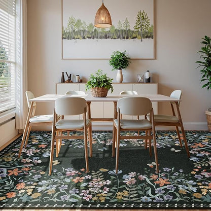 Wonnitar Washable 8x10 Rug, Non-Slip Soft Black Botanical Area Rugs for Living Room, Non-Shedding Large Bedroom Rug, Ultra-Thin Stain Resistant Floor Carpet for Dining Table (Black,8'x10')
