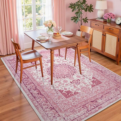 Bright Pink Area Rug for Girls Bedroom, 3x5 Soft Washable Rugs with Non-Slip Backing for Living Room, Cute Vintage Carpet for Kitchen Laundry Kids Room Decor