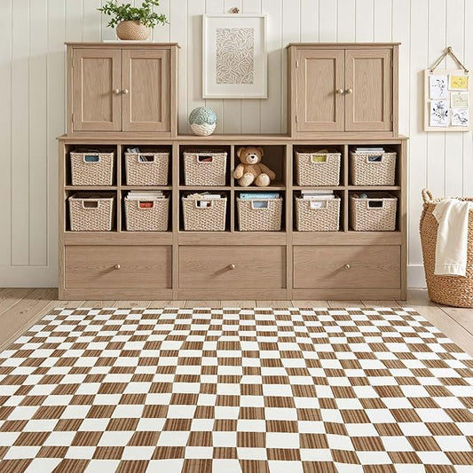 jinchan 4x6 Brown Checkered Area Rugs for Kids Room - Machine Washable Rug Modern Neutral Geometric Lattice Soft Non-Slip Carpet for Nursery Playroom Bedroom Entryway Living Room Home Office