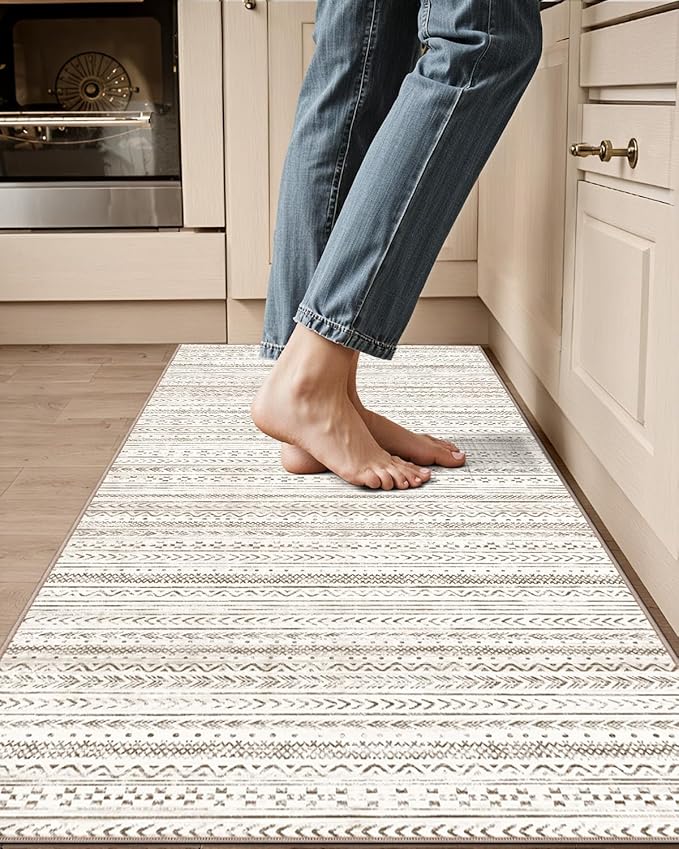 LUMI Washable Rug, 23x87 Kitchen Rugs for Entryway Bathroom, Non-Slip Indoor Door Mat Ultra-Thin, Small Oriental Throw Carpet for Bedroom Entry Office, White and Brown
