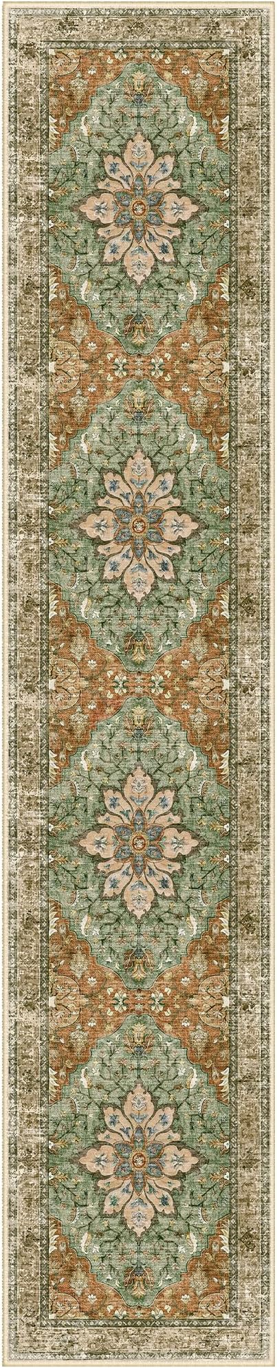 Area Rugs 2'6''x14' Washable Non-Slip, Floral Vintage Distress Print Pattern Medallion Carpet for Living Room Bedroom Dining Room, Brick Red Rust Neutral Brown Burnt Orange Green