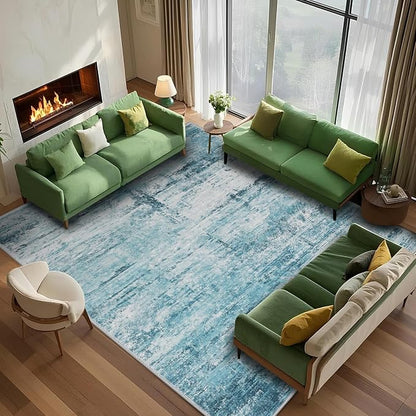 10x12 Abstract Area Rugs for Living Room, Modern Teal Grey Washable Indoor Rug for Bedroom, Soft Large Non-Slip Carpet for Dining Room Home Office Farmhouse Decor - Teal+Gray
