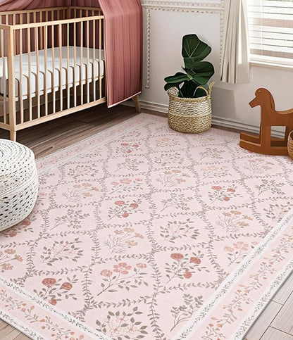 YIHOUSE Pink Floral Print Rugs, Moroccan Trellis 9x12 Washable Large Rug, Modern Pastel Non Slip Ultra-Thin Area Rug for Classroom, Nursery Playroom,Dorm,Bedroom,Living Room, Pink Multi