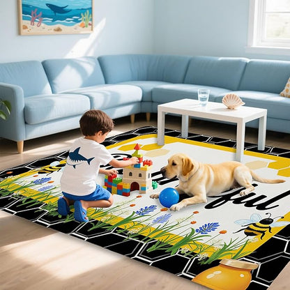 Bee Grateful Rug for Living Room 3x5, Low Pile Non-Slip Backing, Machine Washable Easy Fold Rug for Home, Office, Dorm Room