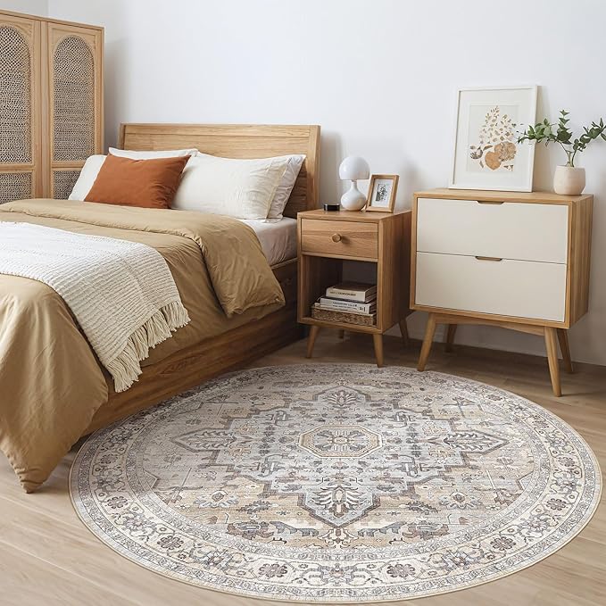 Round Rug Living Room Rugs: 8x8 Washable Boho Neutral Large Circle Soft Indoor Distressed Stain Resistant Floor Farmhouse Carpet for Bedroom Nursery Kids Playroom Office Dining Room Dorm- Cream Gray