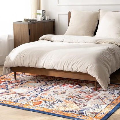 Phantoscope Washable Area Rug 3'x5' Non-Slip, Vintage Boho Rugs for Living Room, Bedroom, Dining Room, Distressed Persian Market Pattern, Low-Pile Foldable Floor Carpet, Navy/Orange
