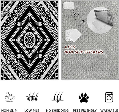 Area Rugs for Living Room 2x3, Moroccan Washable Low Pile Rug, Boho Neutral Farmhouse Ultra Soft Carpet for Bedroom Dining Room Home Decor, Geometric Print Tribal Carpets Black and White