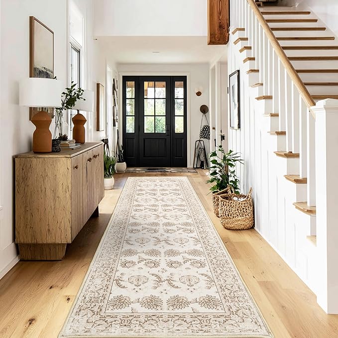 XWZO Washable Hallway Runner Rug 2x8ft — Non-Slip Low Pile Area Rug with Rubber Backing, Spill Resistant Soft Vintage Floor Carpet Runner for Kitchen Entryway Doorway Bedroom Corridor, Beige