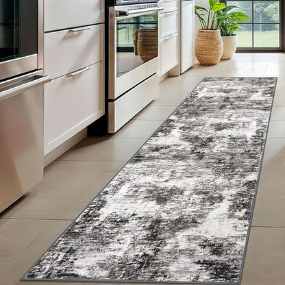 Modern Abstract Hallway Runner Rug, Black Grey 2x8 Runner Rug, Washable Kitchen Runner Non-Slip Soft Thin Print Faux Wool Carpet for Entryway Bedroom Laundry Room Indoor