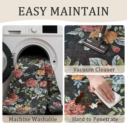 6ft Round Machine Washable Area Rug for Living Room, Black Vintage Boho Floral Rug Large Non-Slip Low Pile Soft Faux Wool Carpet, Kids and Pets Friendly for Bedroom Nursery Farmhouse Home Decor Rug