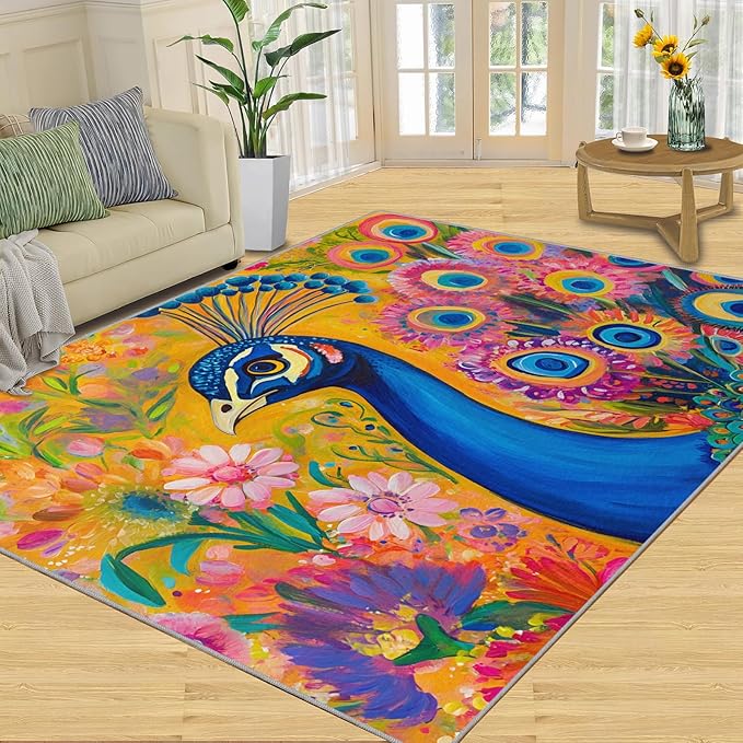 Peacock Rugs for Living Room - 5x7 Rug, Boho Floral Botanical Area Rugs for Bedroom, Wonderful Peacock Rug, Peafowl Washable Carpet, Floral Animal Carpet - Peafowl Home Decor & Gifts