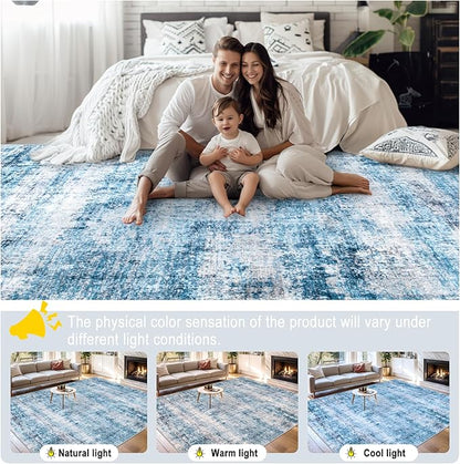 Area Rugs 10x14 Living Room - Washable Rug Modern Abstract Soft Large Neutral Non-Slip Carpet Indoor Floor Thin Carpets for Bedroom Dining Room Farmhouse Nursery Home Office Blue Grey