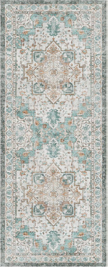 GENIMO 2‘6“x8 Runner Rugs for Hallway, Machine Washable Non Slip Vintage Rugs, Low Pile Lightweight Soft Print Rug for enrtyway, Corridor, Home Office, Kitchen, Cyan