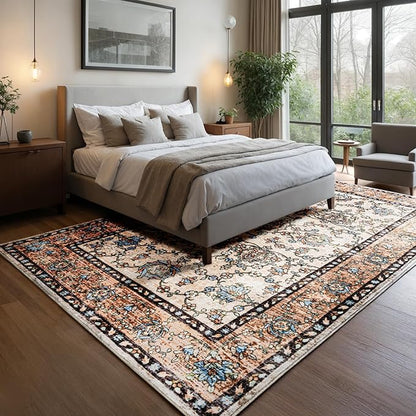 4x6 Washable Area Rug – Ivory and Beige Vintage Carpet with Charcoal Border, Floral Scroll&Geometric Lattice Pattern, Boho Non-Slip Indoor Mat for Living Room, Bedroom, Dining Room, Entryway