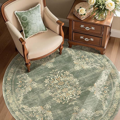 jinchan Round Rug 5ft Area Rugs Vintage Floral Distressed Design,Machine Washable Soft Non-Slip Low-Pile Ultra-Thin Circle Rug for Entryway Living Room Dining Room Bedroom (5' Round,Dark Green)