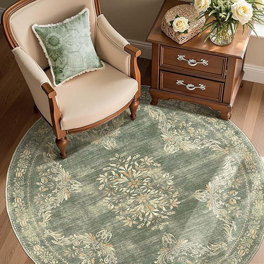 jinchan Round Rug 5ft Area Rugs Vintage Floral Distressed Design,Machine Washable Soft Non-Slip Low-Pile Ultra-Thin Circle Rug for Entryway Living Room Dining Room Bedroom (5' Round,Dark Green)