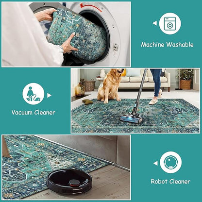 Moynesa Ultra-Thin Washable 5ft Round Rug - Teal 5x5 Circle Rugs for Living Room, Vintage Dining Room Mat Stain Resistant Nursery Carpet for Bedroom Mudroom Kitchen Apartment Home Office