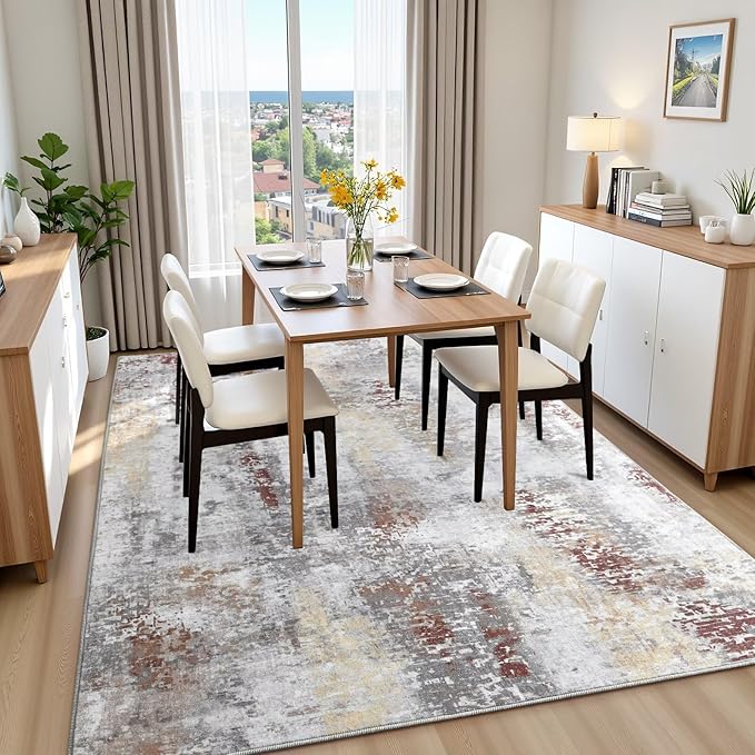 Washable Abstract Rug, 3x5 Modern Area Rugs with Non-Slip Rubber Backed for Bedroom, Thin but Soft Contemporary Carpet Kitchen Living Room Decor, Rusty Brown