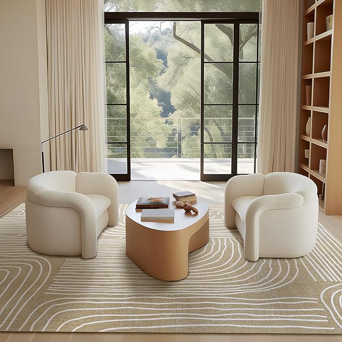 Phantoscope Washable Area Rug 5'x7' Non-Slip, Modern Neutral Boho Rugs for Living Room, Bedroom, Dining Room, Abstract Hand-Drawn Wavy Line Pattern, Low-Pile Foldable Floor Carpet, Beige/Ivory