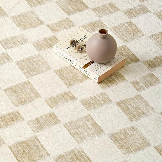 EVERGRACE Checkered Plaid Area Rug 2x3, Soft Fuzzy Faux Wool Rugs Washable Anti Slip Rugs Small Rug Carpet for Entryway Bedroom Living Room Hallway Kitchen Dining Room and Laundry Room, Beige